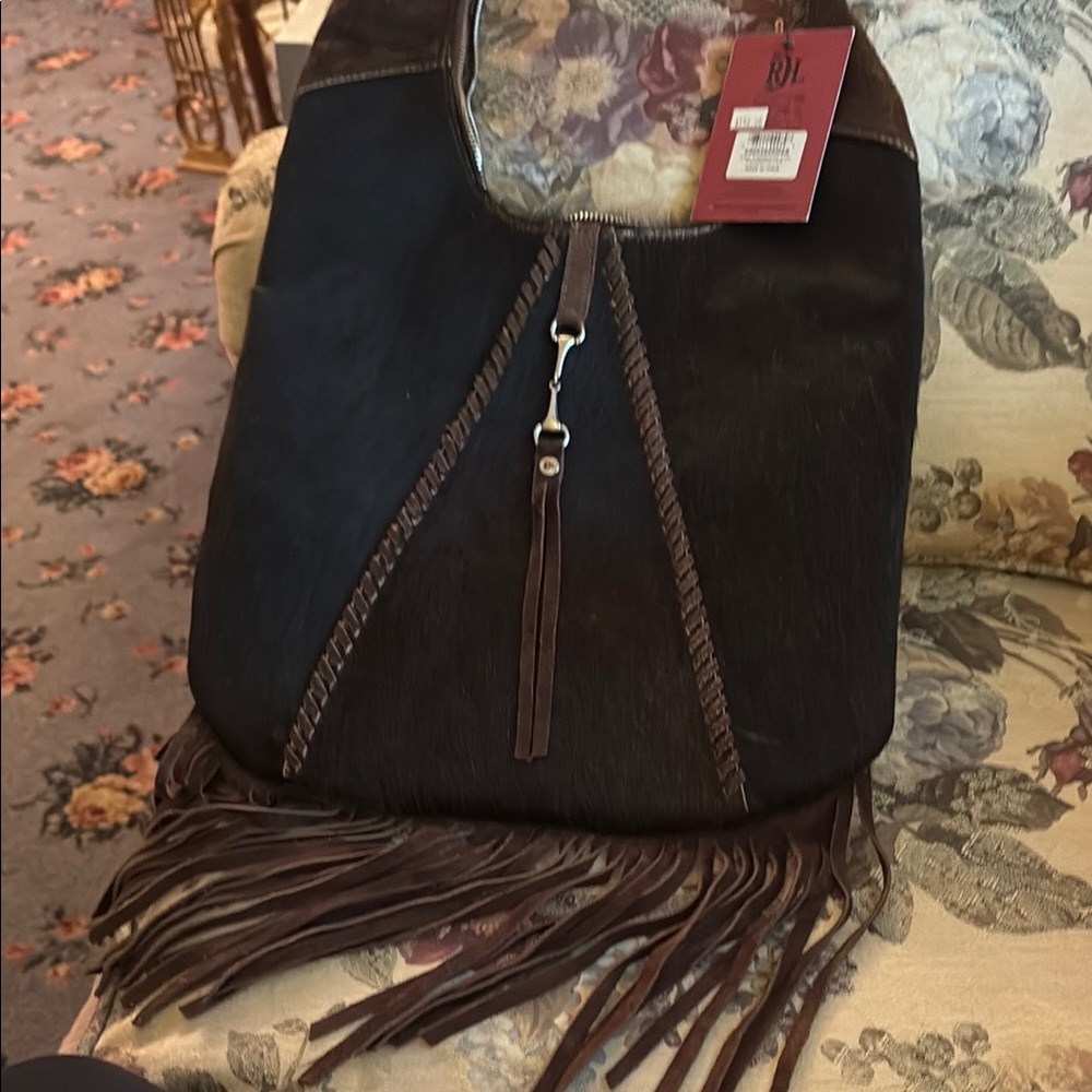 Brown Leather Hobo Bag with fringe. Genuine leather. New large CARRY bag w tags